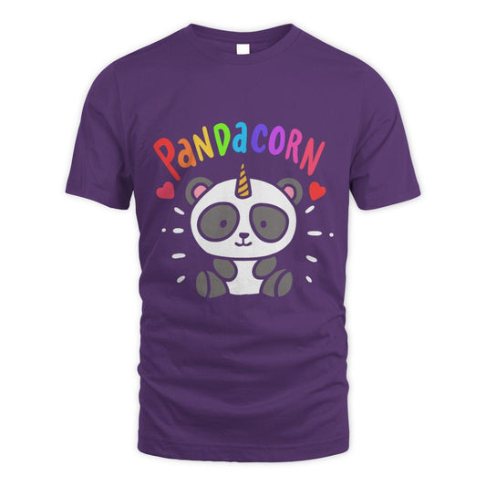 Purple t-shirt with a cartoon panda unicorn design and 'Pandacorn' text in colors