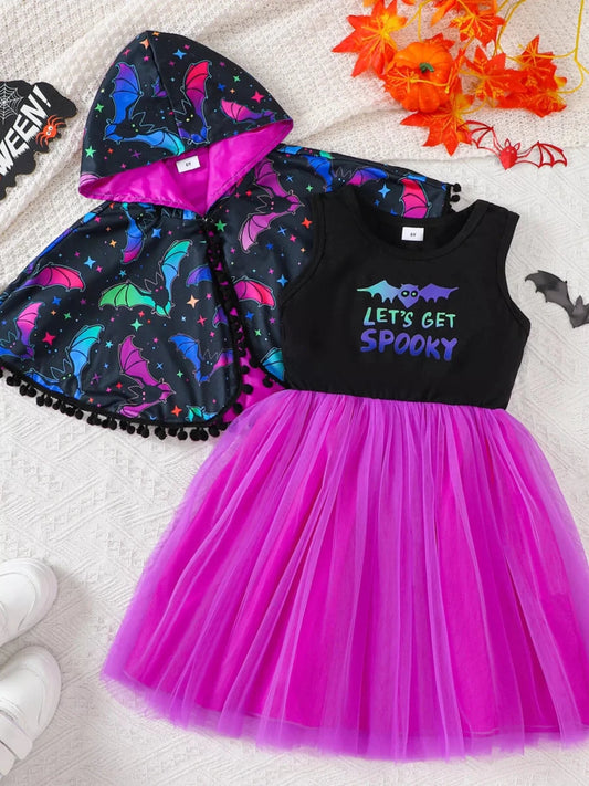 Children's Halloween Bat Print Hooded Cape and Tulle Dress Set | 2Y-6Y - variant_color - variant_size - variant_option