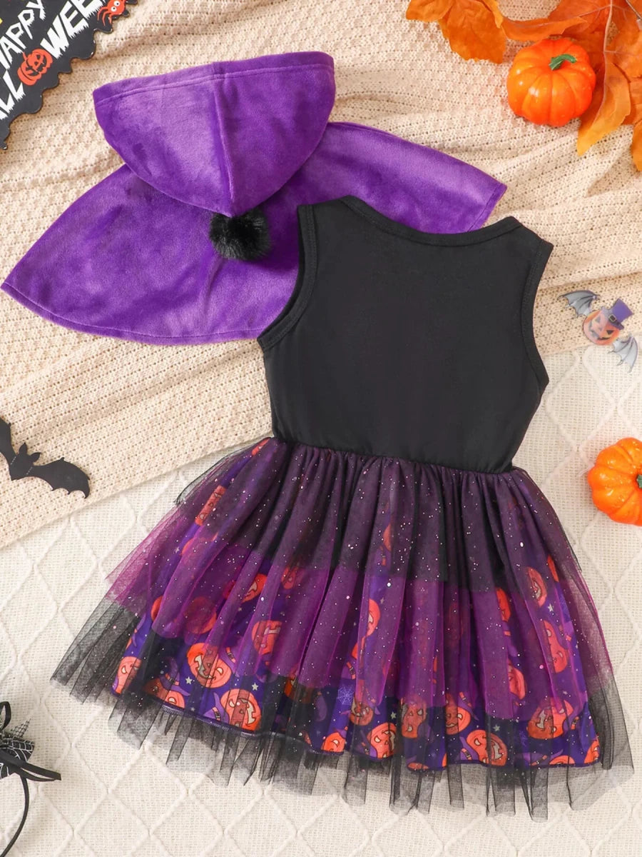 Children's Halloween Hooded Cape and Printed Dress Witch Costume Set | 18M-6Y - variant_color - variant_size - variant_option