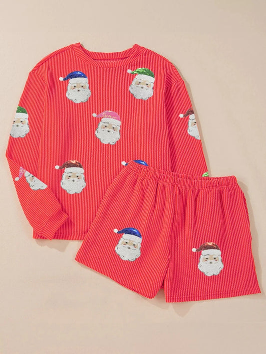 Did you see Santa somewhere? | Twisted Ribbed Christmas Sequin Patched Top and Shorts Set | S-2XL - #variant_color# - #variant_size# - #variant_option#