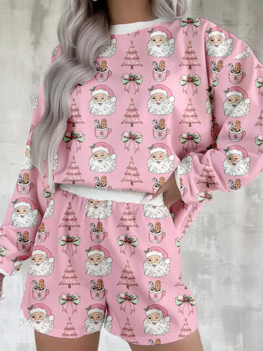 Dusty Pink & Deep Red Santa | Christmas Pajama-Lounging Set | Round Neck Top and Shorts | S-XL - #variant_color# - #variant_size# - #variant_option#