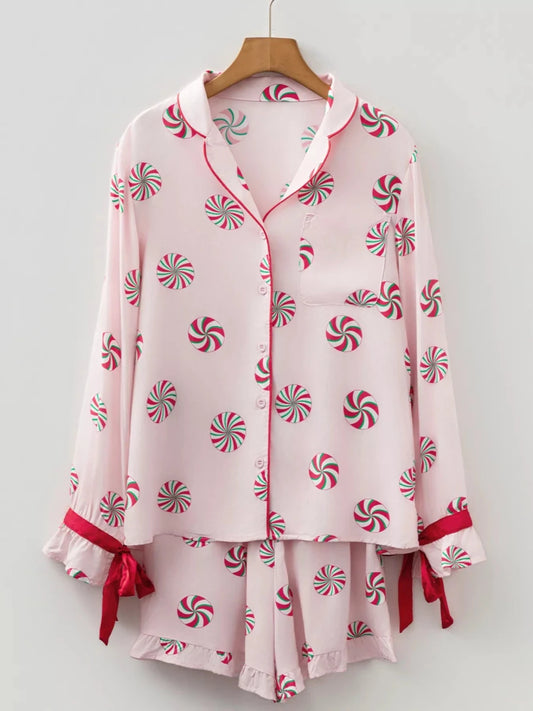 Sweet Peppermint | Christmas Pajama-Lounging Set | Trim Bow Knot Top and Shorts | S-XL - #variant_color# - #variant_size# - #variant_option#