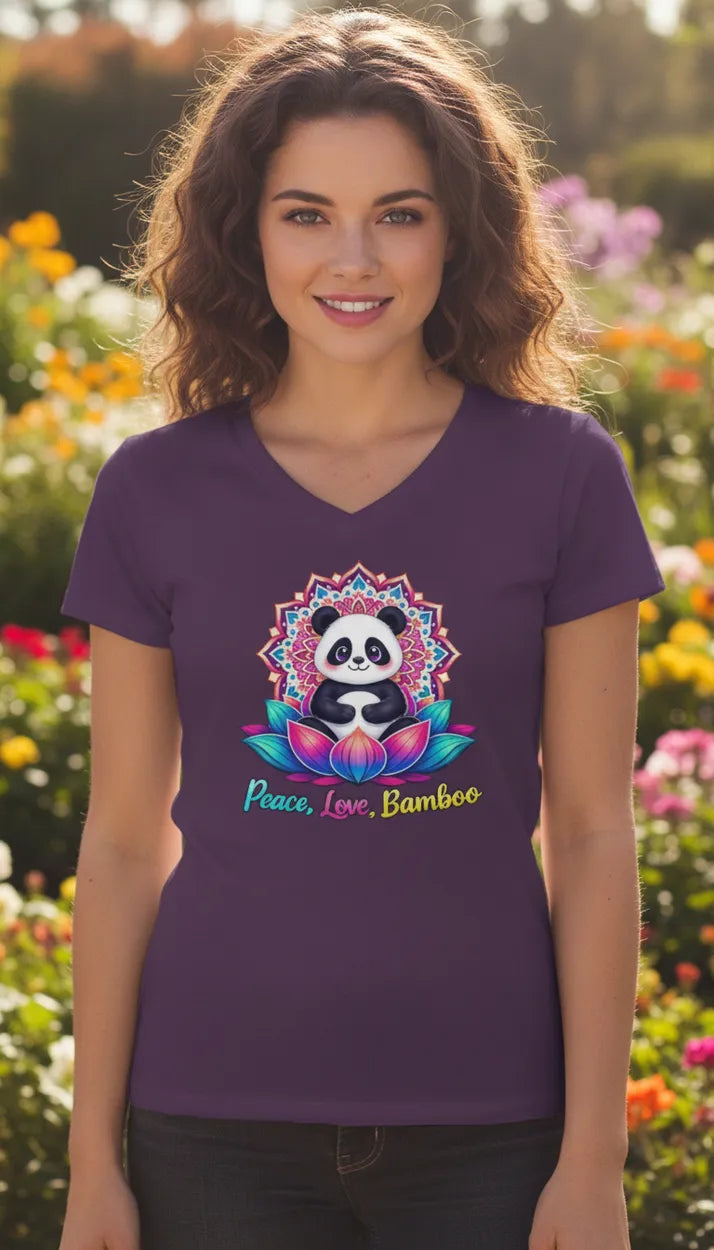 Meditating Panda Graphic Tee | Love, Peace, Bamboo |  V Neck