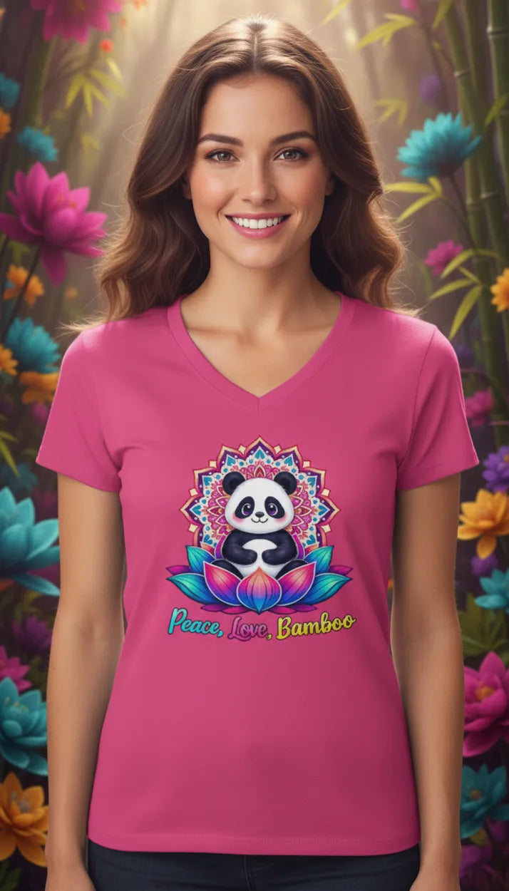 Meditating Panda Graphic Tee | Love, Peace, Bamboo |  V Neck