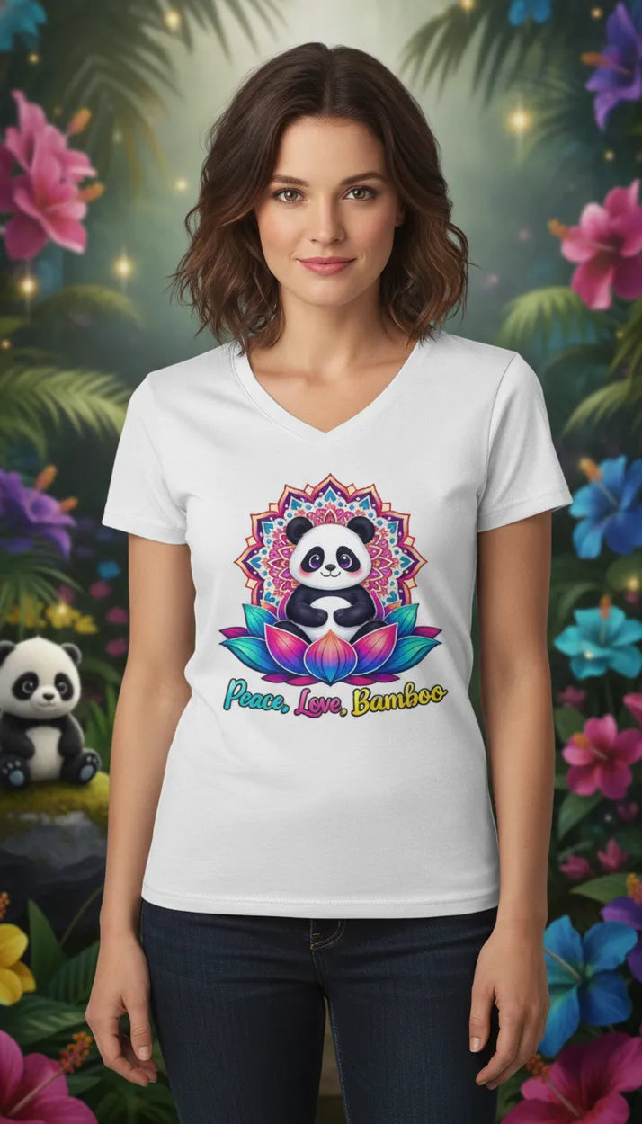 Meditating Panda Graphic Tee | Love, Peace, Bamboo |  V Neck
