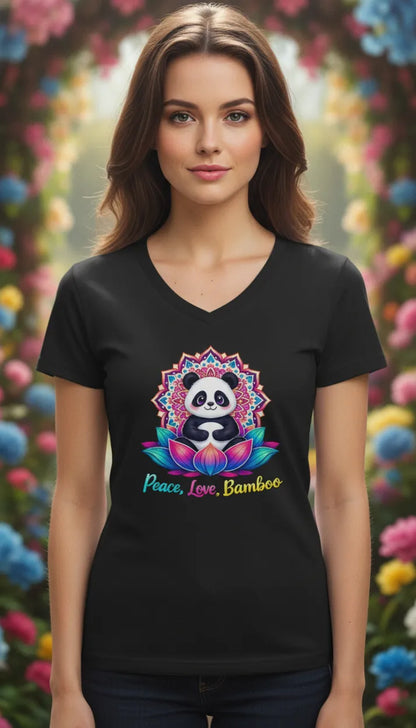 Meditating Panda Graphic Tee | Love, Peace, Bamboo |  V Neck