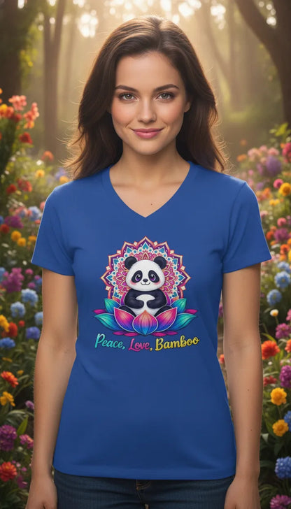 Meditating Panda Graphic Tee | Love, Peace, Bamboo |  V Neck