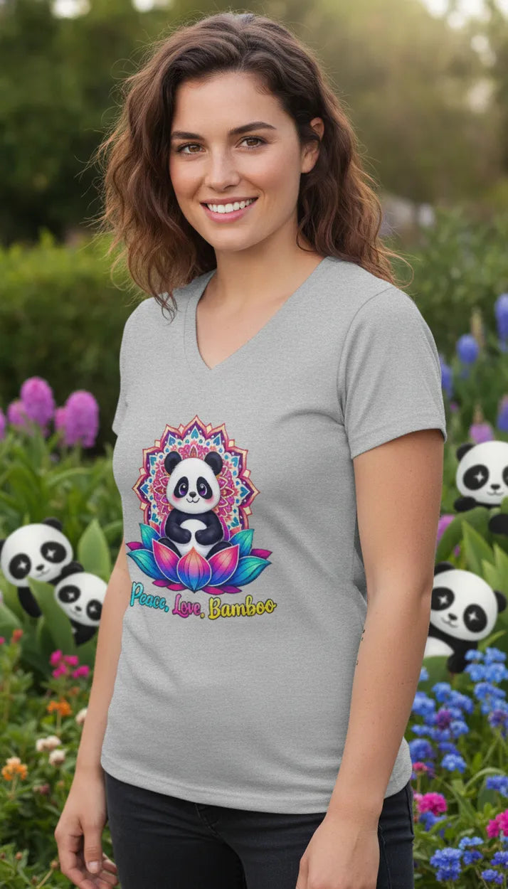Meditating Panda Graphic Tee | Love, Peace, Bamboo |  V Neck