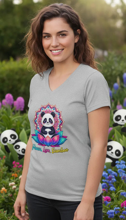 Meditating Panda Graphic Tee | Love, Peace, Bamboo |  V Neck