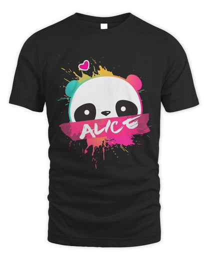 Black t-shirt with colorful panda design and 'Alice' text on a white background