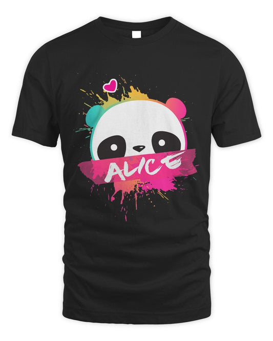 Black t-shirt with colorful panda design and 'Alice' text on a white background