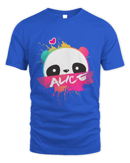 Blue t-shirt with a colorful  panda graphic and 'Alice' text in white letters.
