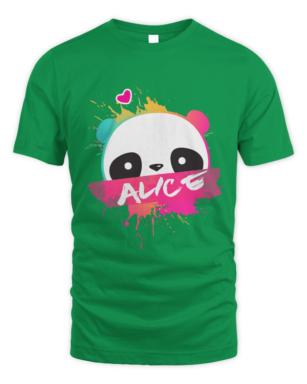 Green t-shirt with a panda graphic and 'Alice' white text.