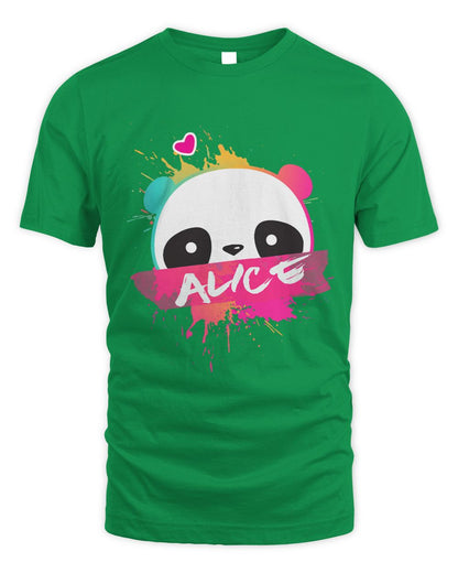 Green t-shirt with a panda graphic and 'Alice' white text.