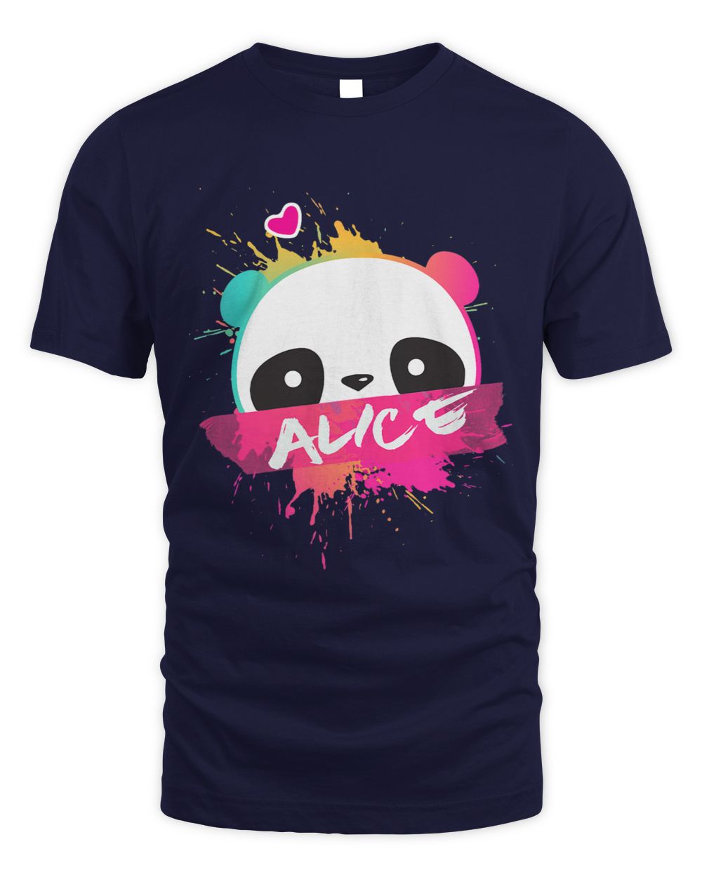 Navy blue t-shirt with a colorful panda graphic and 'Alice' white text 