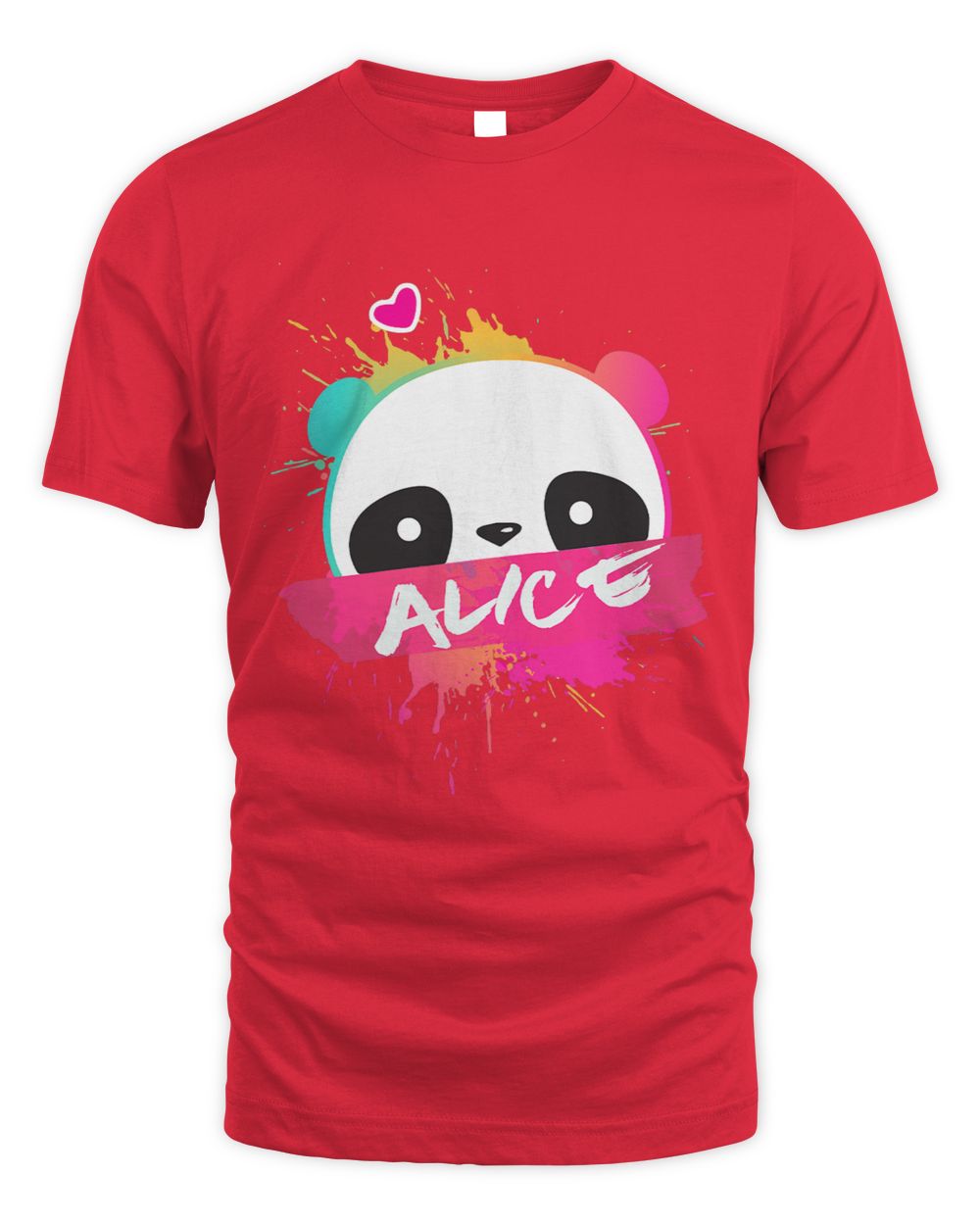 Red t-shirt with a panda graphic and the word 'Alice' white text