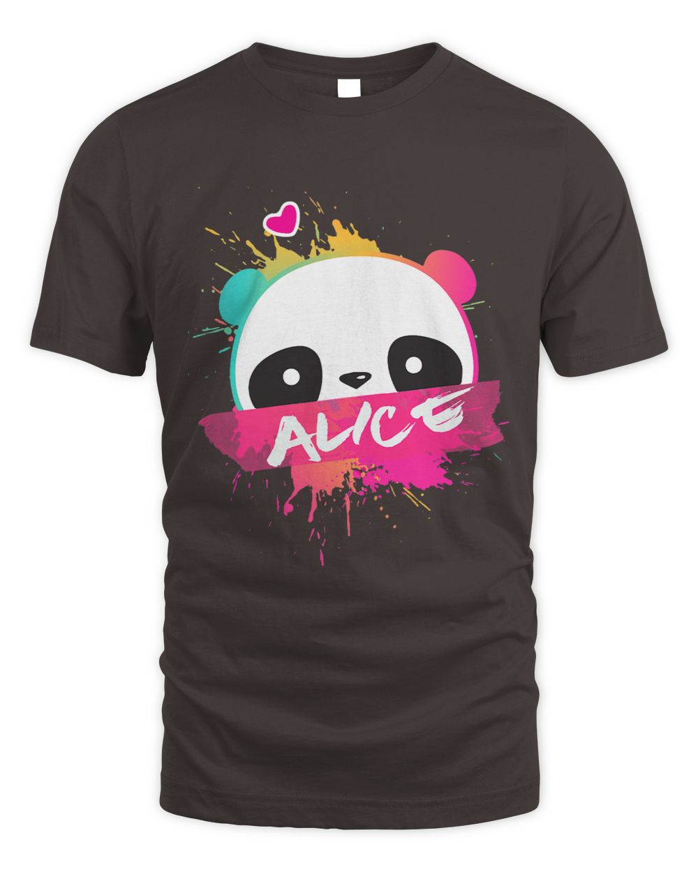 Dark Chocolate t-shirt with a colorful panda design and 'Alice' white text 