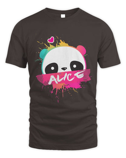 Dark Chocolate t-shirt with a colorful panda design and 'Alice' white text 