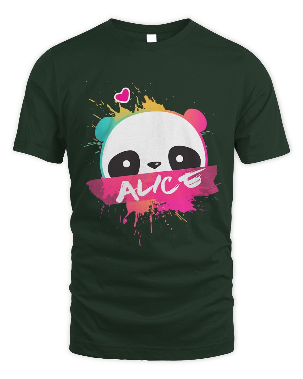 Dark green t-shirt with a colorful panda design and the name 'Alice' on a white background