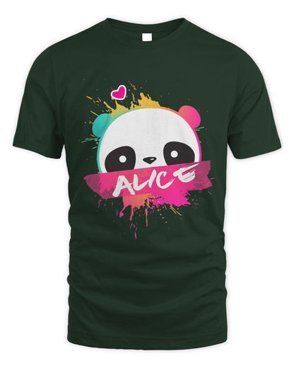 Dark green t-shirt with a colorful panda design and the name 'Alice' on a white background