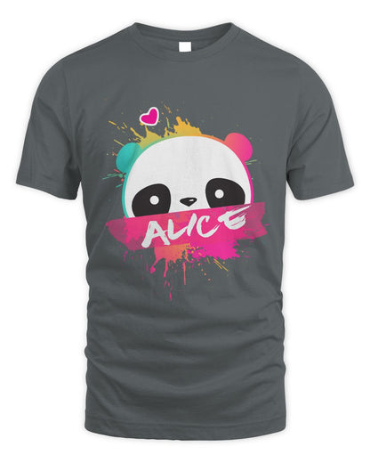 Gray t-shirt with a colorful panda design and 'Alice' white text