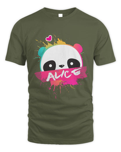 Olive Green t-shirt with a colorful panda design and the word 'Alice' white text