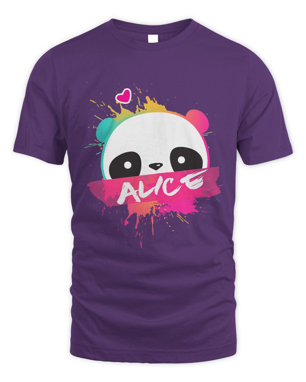 Purple t-shirt with a colorful panda design and the word 'Alice' on a white background