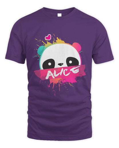 Purple t-shirt with a colorful panda design and the word 'Alice' on a white background