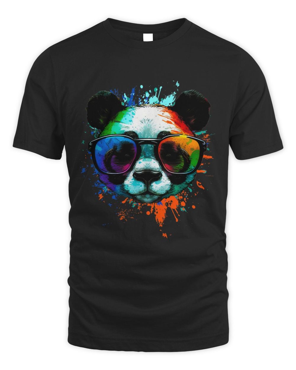 Black Cool Panda T-Shirt with sunglasses & Colorful Ink Splashes