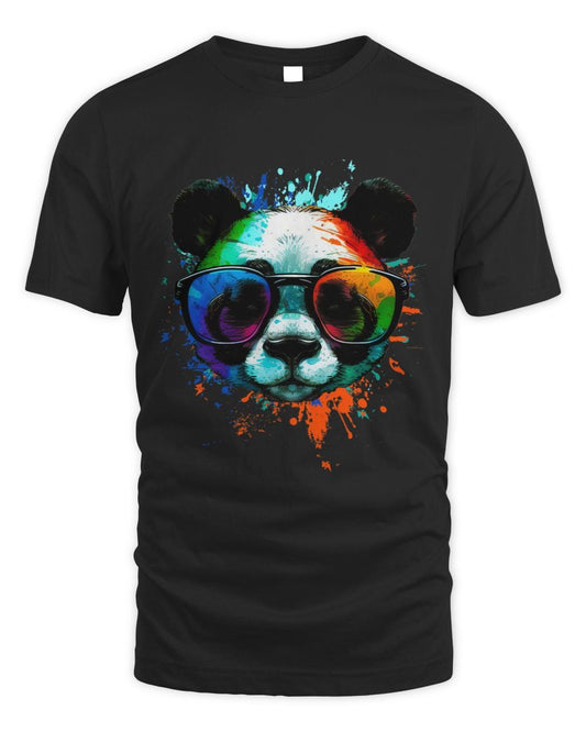 Black Cool Panda T-Shirt with sunglasses & Colorful Ink Splashes