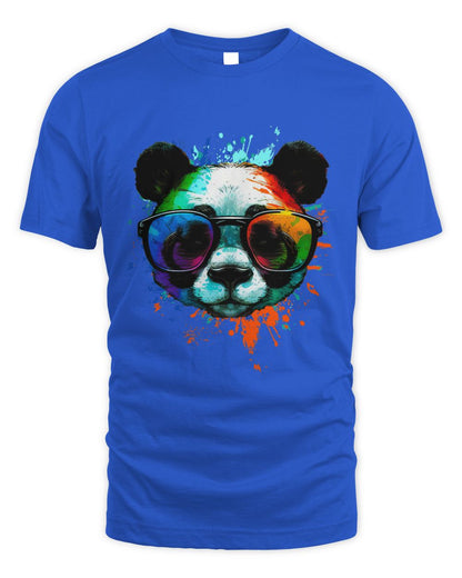 Blue Cool Panda T-Shirt with sunglasses & Colorful Ink Splashes 
