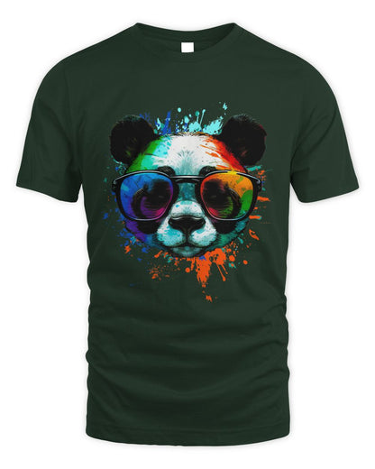 Dark Green Cool Panda T-Shirt with sunglasses & Colorful Ink Splashes 