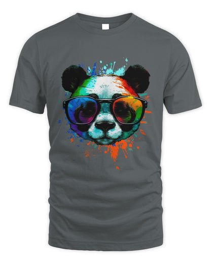 Gray Cool Panda T-Shirt with sunglasses & Colorful Ink Splashes 