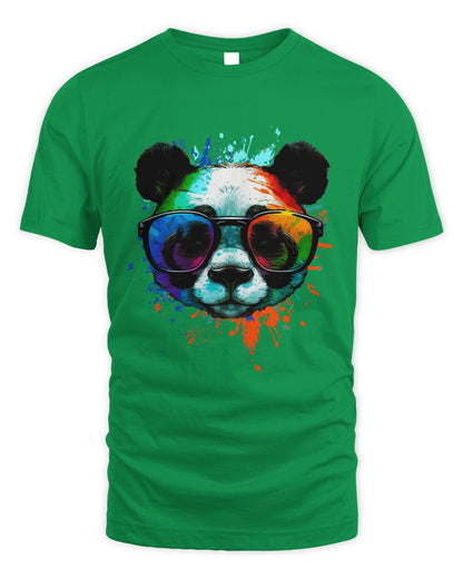 Green Cool Panda T-Shirt with sunglasses & Colorful Ink Splashes 