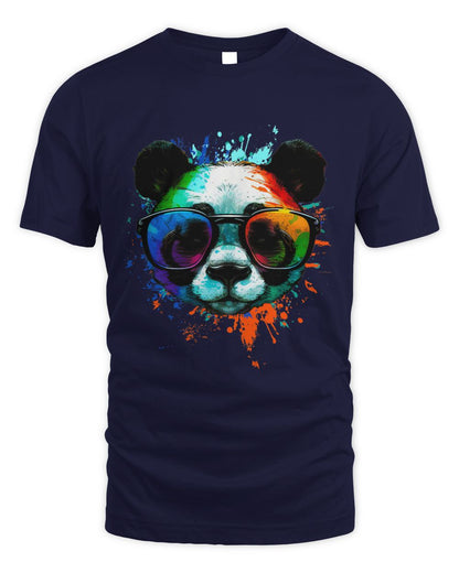 Navy Blue Cool Panda T-Shirt with sunglasses & Colorful Ink Splashes 