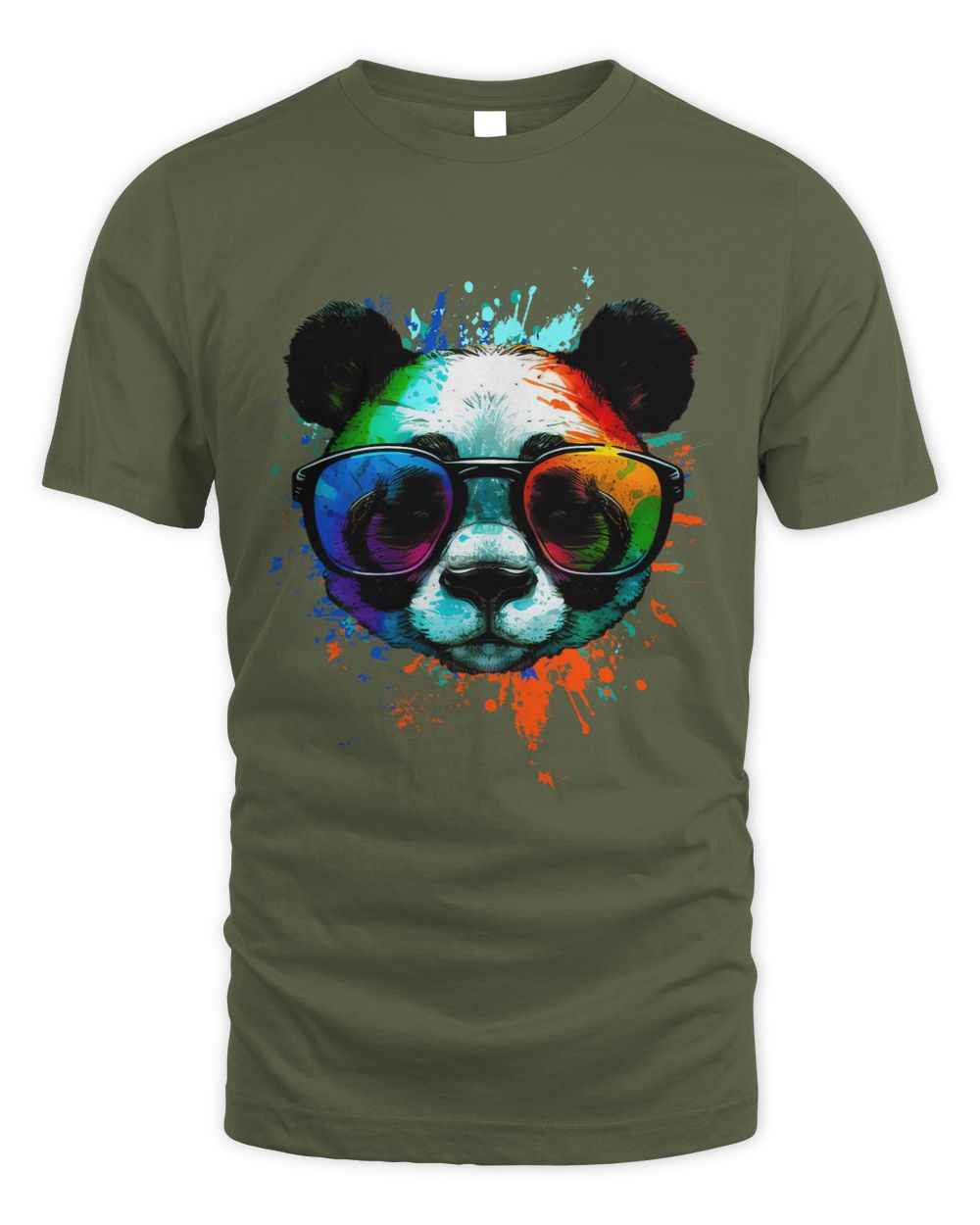Olive Green Cool Panda T-Shirt with sunglasses & Colorful Ink Splashes 