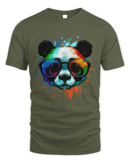 Olive Green Cool Panda T-Shirt with sunglasses & Colorful Ink Splashes 