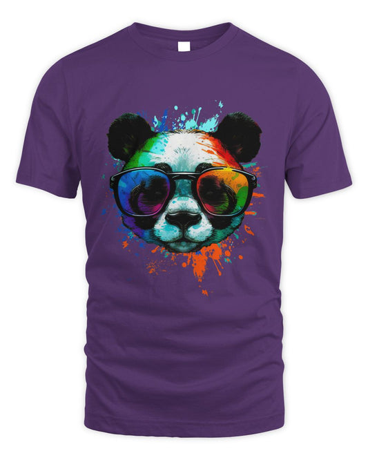 Purple Cool Panda T-Shirt with sunglasses & Colorful Ink Splashes 