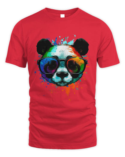 Red Cool Panda T-Shirt with sunglasses & Colorful Ink Splashes 