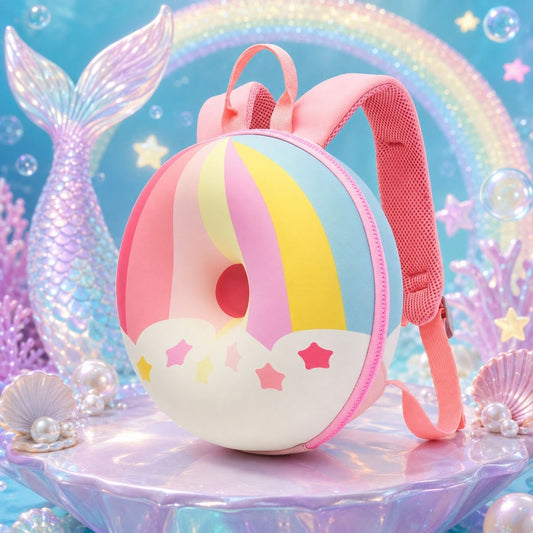A pastel donut-shaped backpack with pink straps, decorated with pink, yellow, blue, and white stripes and star accents, set against a mermaid-themed background with a mermaid tail, bubbles, and shells.
