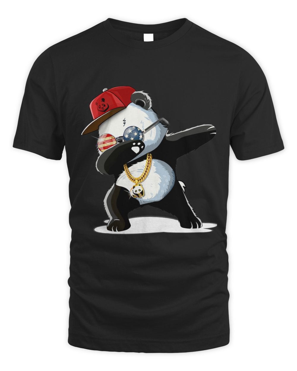 Black t-shirt with a panda dabbing design wearing a red cap, gold chain, and USA round glasses.