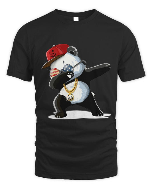 Black t-shirt with a panda dabbing design wearing a red cap, gold chain, and USA round glasses.