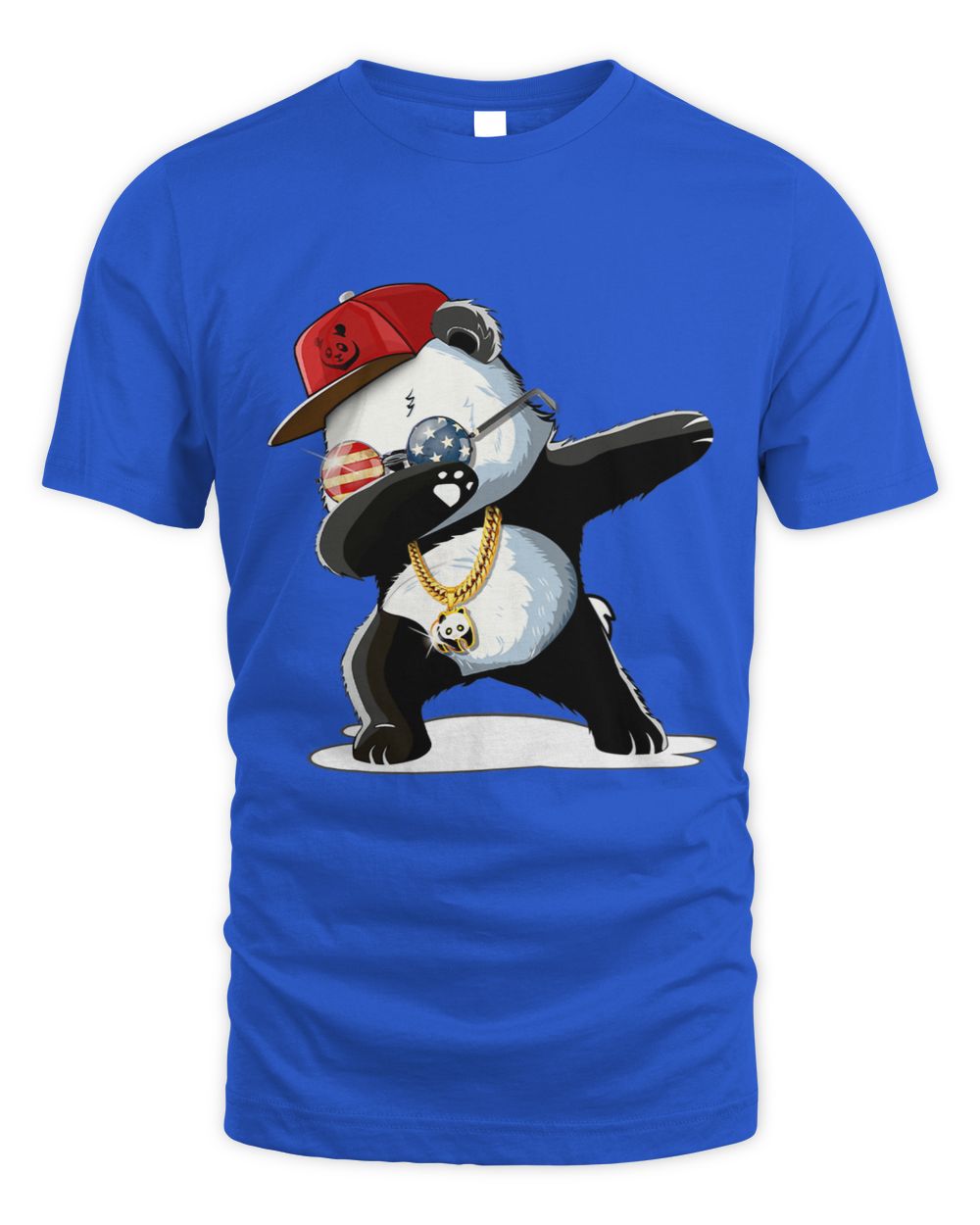 Blue t-shirt with a panda dabbing design wearing a red cap, gold chain, and USA round glasses.