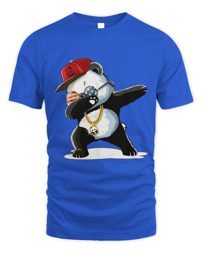 Blue t-shirt with a panda dabbing design wearing a red cap, gold chain, and USA round glasses.