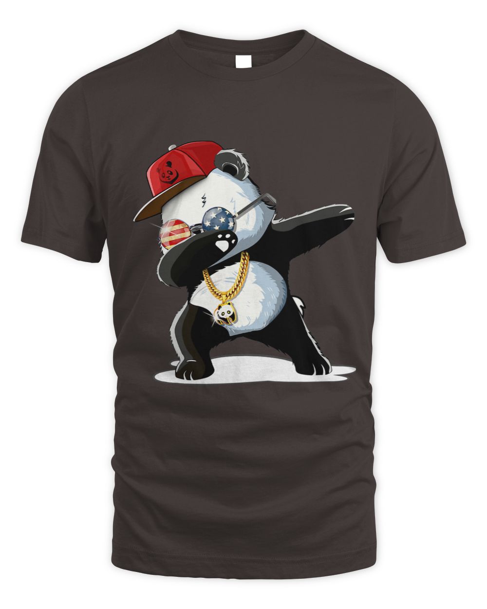 Dark Chocolate t-shirt with a panda dabbing design wearing a red cap, gold chain, and USA round glasses.
