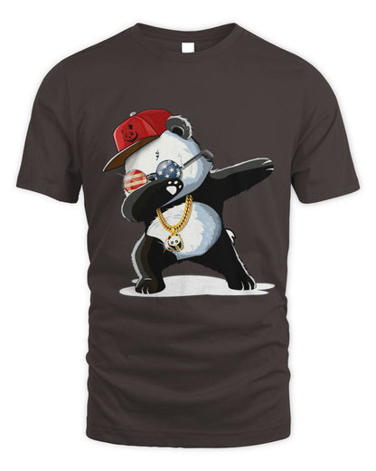 Dark Chocolate t-shirt with a panda dabbing design wearing a red cap, gold chain, and USA round glasses.