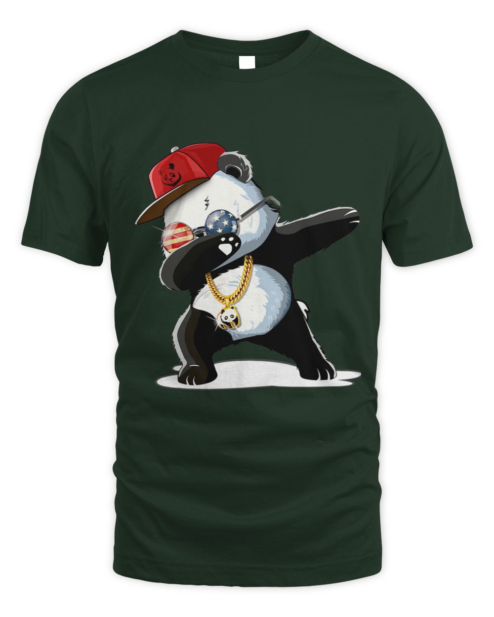 Dark Green t-shirt with a panda dabbing design wearing a red cap, gold chain, and USA round glasses.