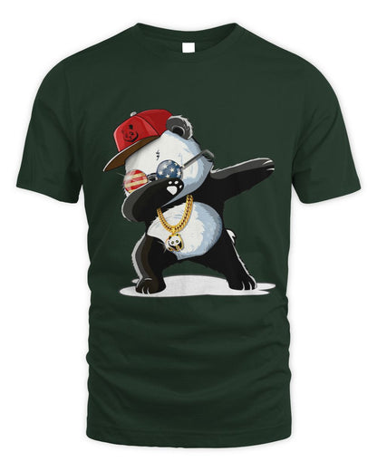 Dark Green t-shirt with a panda dabbing design wearing a red cap, gold chain, and USA round glasses.
