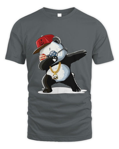 Gray t-shirt with a panda dabbing design wearing a red cap, gold chain, and USA round glasses.