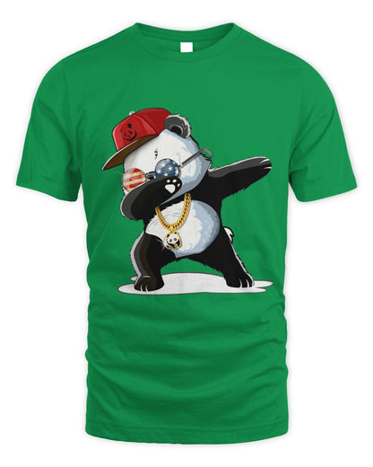 Green t-shirt with a panda dabbing design wearing a red cap, gold chain, and USA round glasses.